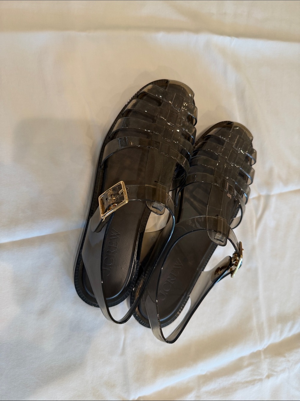 J. Crew Black Jelly Fisherman Sandals with Gold Buckles